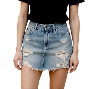 COLCCI Distressed Denim Mini Skirt Gold COLCCI Hardware Zip Button Frayed Hem